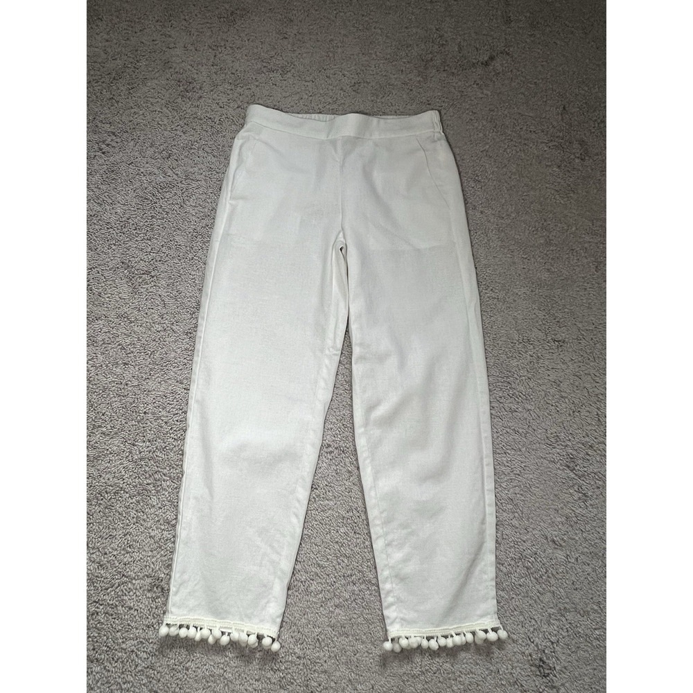 Women's J Crew White Linen‎ Blend Pom Pom Pants Size 2 Summer Vacation